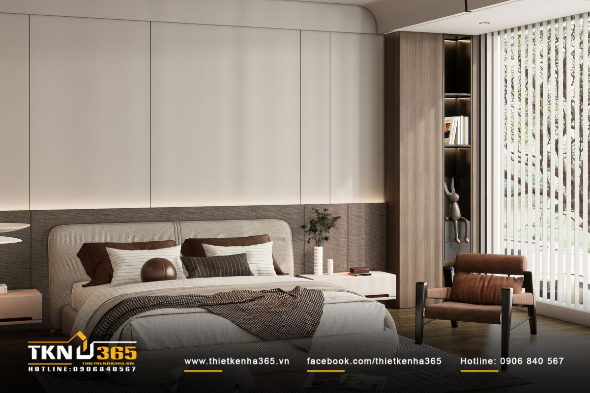 Bức tường đầu giường ốp gỗ và vải bố tạo hiệu ứng ấm áp, cân bằng giữa mềm mại và mộc mạc