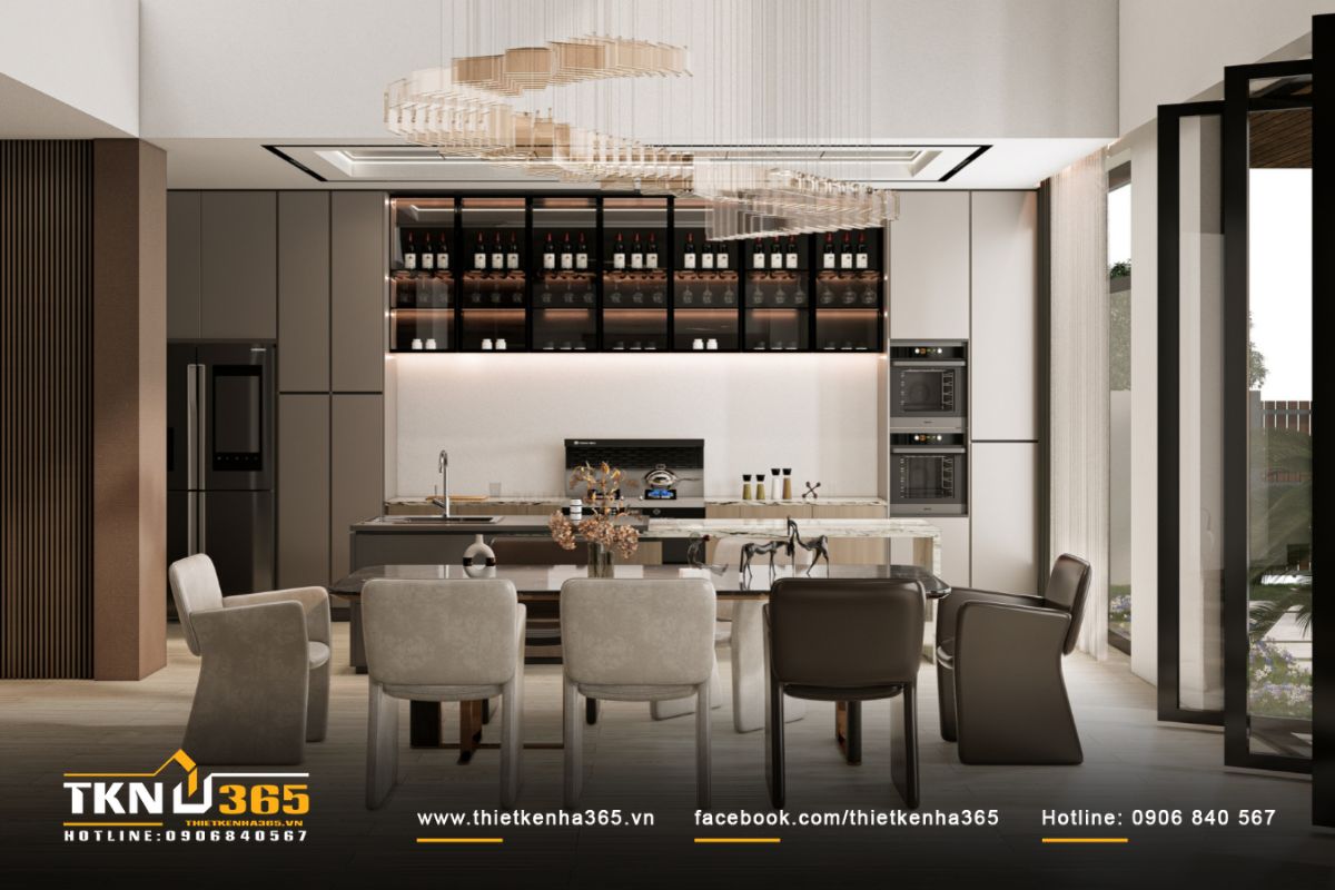 Hệ tủ rượu bằng kính khung nhôm mảnh kịch trần vừa lưu trữ vừa trang trí, phản chiếu ánh sáng nhẹ