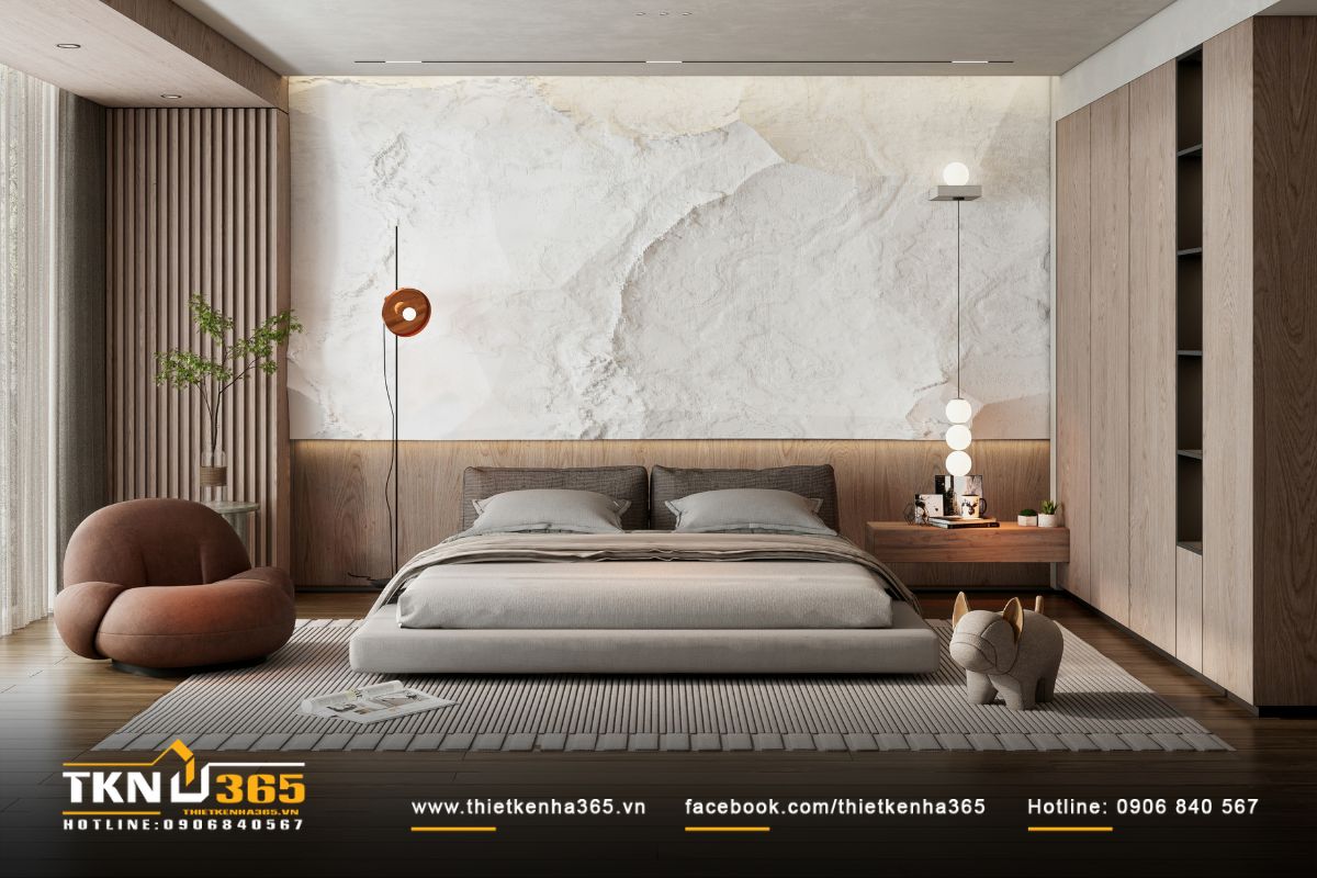 Bề mặt tường thô nhẹ phối hợp ánh sáng hắt khe, gợi bầu không khí an yên đặc trưng của phong cách Japandi