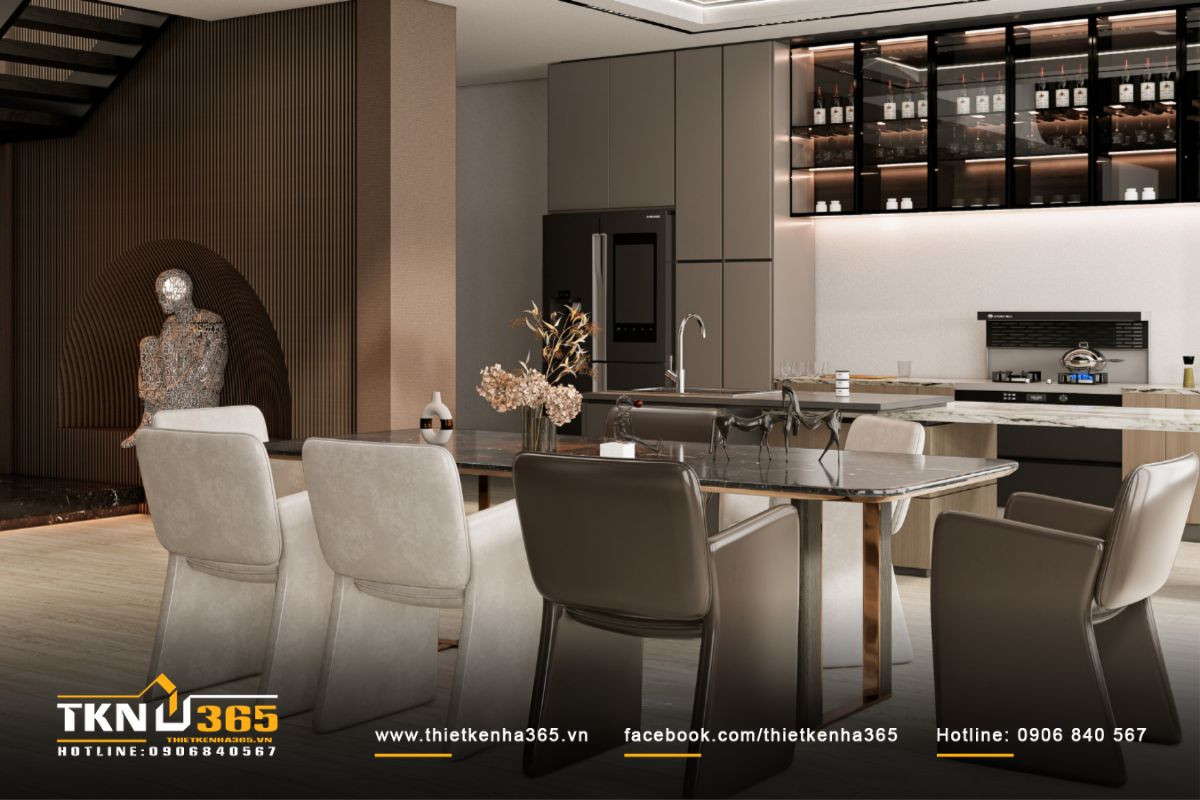 Tổng thể bếp hiện đại, thiết bị âm tường bố trí gọn gàng, mang đến không gian nấu nướng tinh giản và ngăn nắp