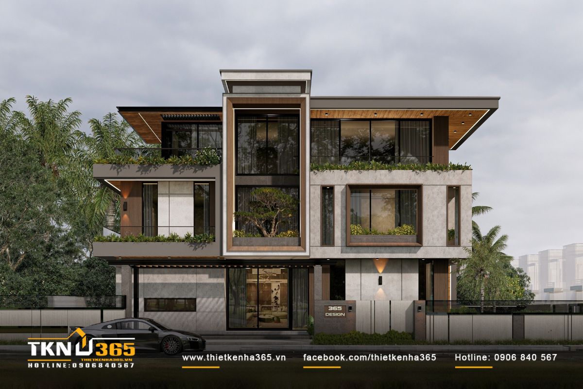 Mảng bê tông đúc sẵn ở mặt tiền như một “khung tranh” lớn, bao quanh khối nhà và mở rộng tầm nhìn ra cảnh quan