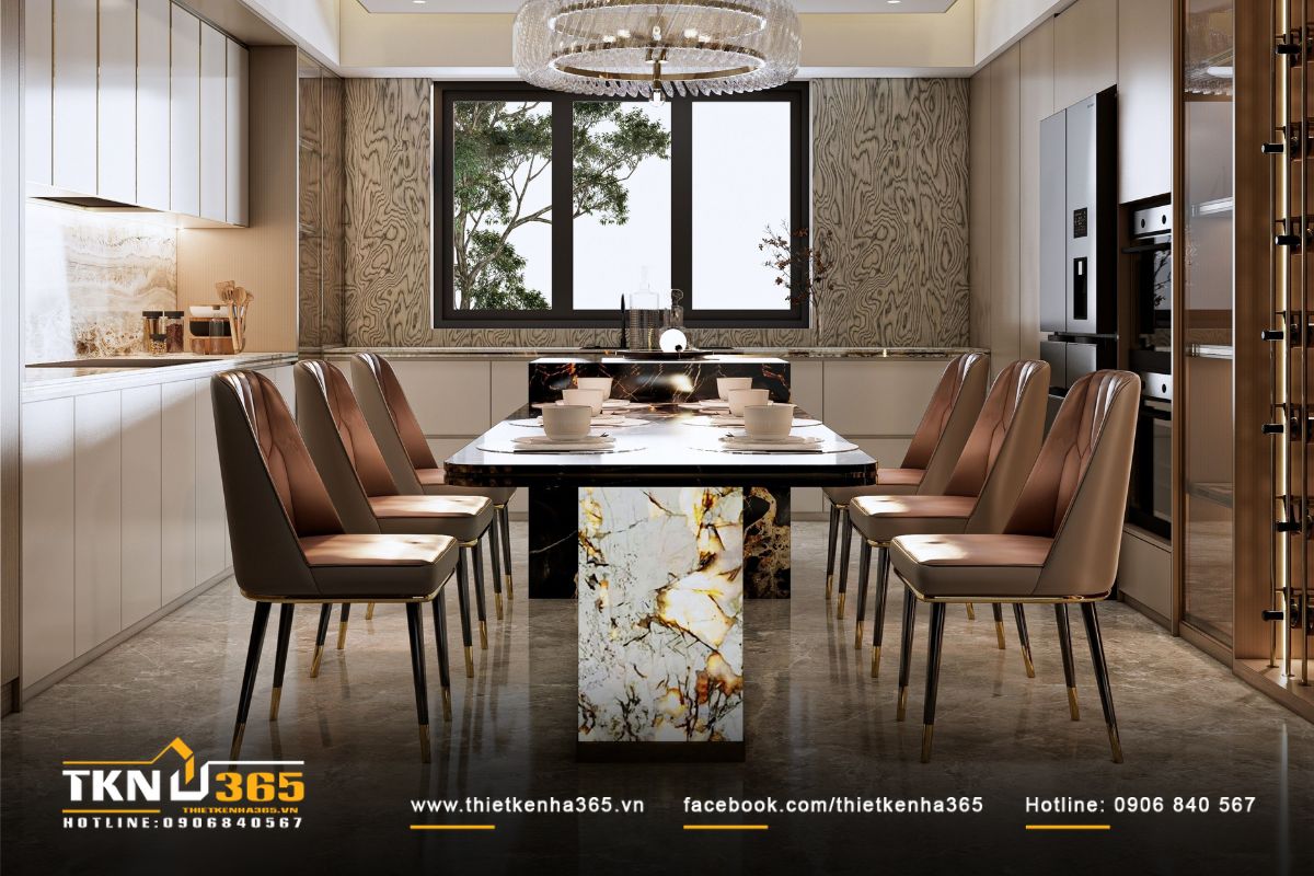 Không gian bếp chữ U gọn gàng, tối ưu cho việc nấu nướng và dọn dẹp hàng ngày