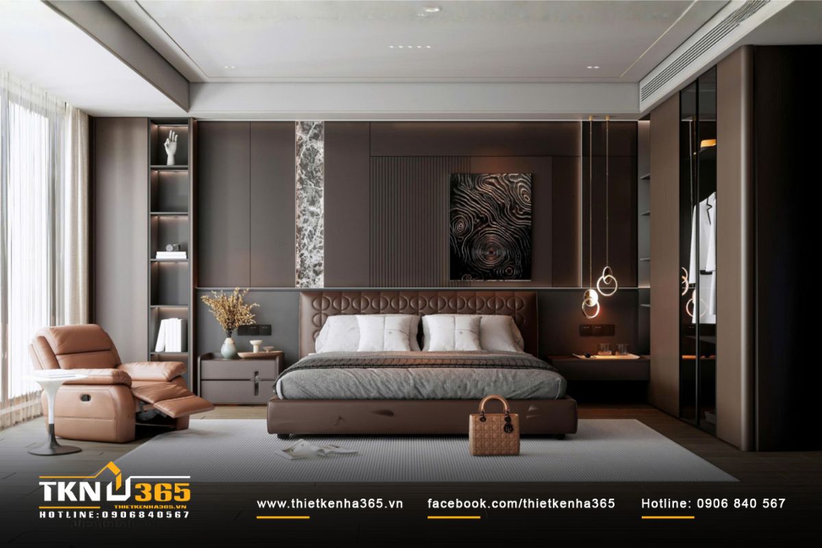 Phòng ngủ master gợi bầu không khí thư thái và ấm cúng nhờ sử dụng gam màu trung tính chủ đạo