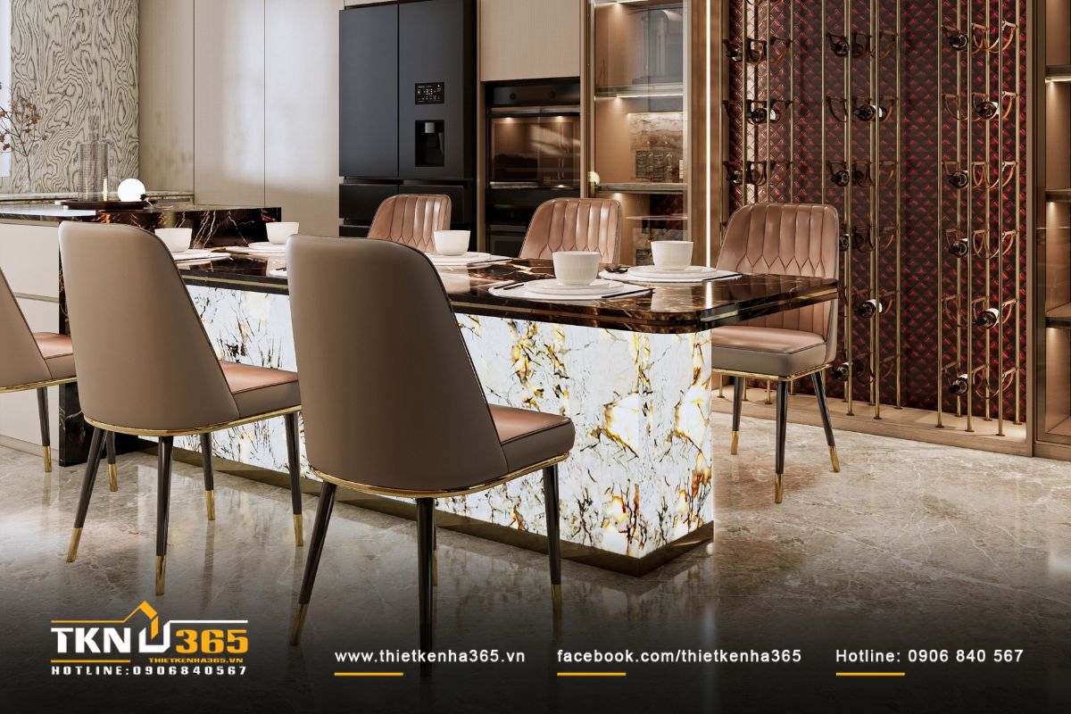 Các thiết bị bếp bố trí âm tường giúp không gian thông thoáng, liền mạch và tiện nghi hơn