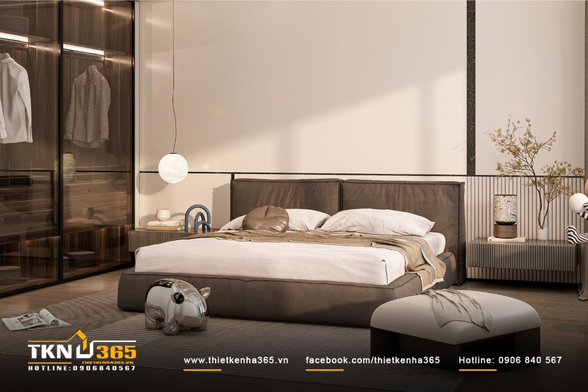 Giường bọc nỉ mềm kết hợp hệ tủ đầu giường treo tường giúp không gian gọn gàng, tinh tế