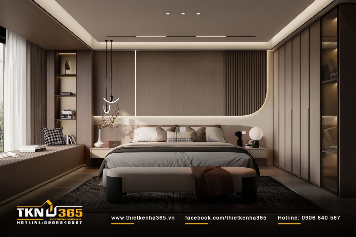 Phòng ngủ phụ bố trí đối xứng, hệ tủ phẳng và đường cong đầu giường làm mềm cấu trúc không gian