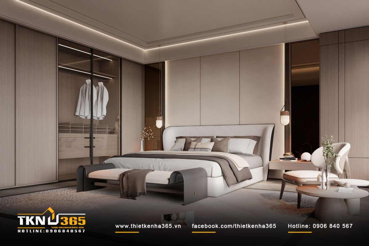 Đầu giường bo cong mềm mại, kết hợp khe đèn chạy viền tường liền mạch và êm ái