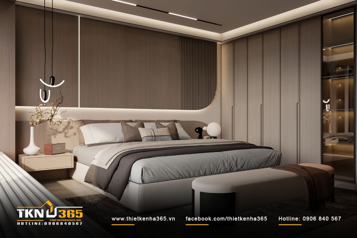 Ánh sáng âm trần và khe đèn giấu kỹ tạo hiệu ứng lan tỏa nhẹ, nhấn mạnh đường nét kiến trúc