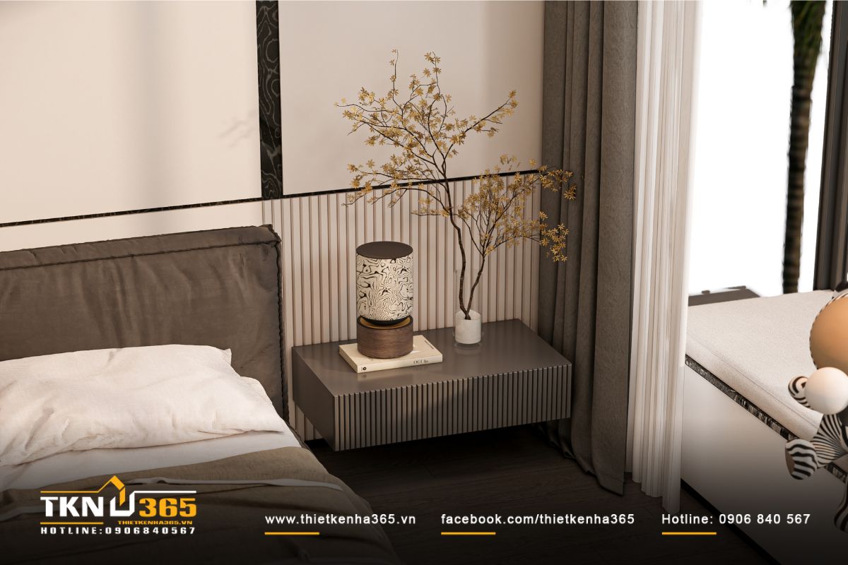 Các chi tiết decor như bình gốm, chậu cây khô làm dịu vật liệu cứng trong phòng ngủ