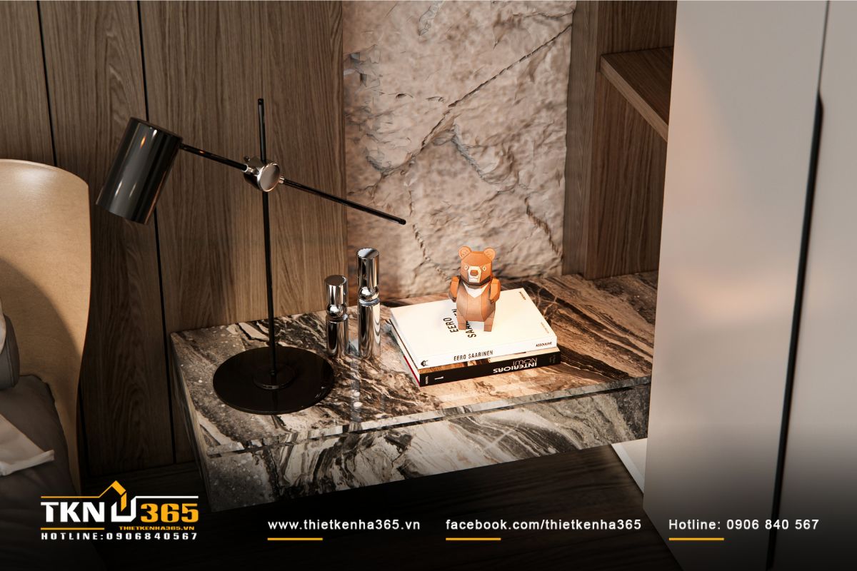 Tường gỗ và đá granite kết hợp tạo hiệu ứng tương phản tinh tế giữa ấm và lạnh