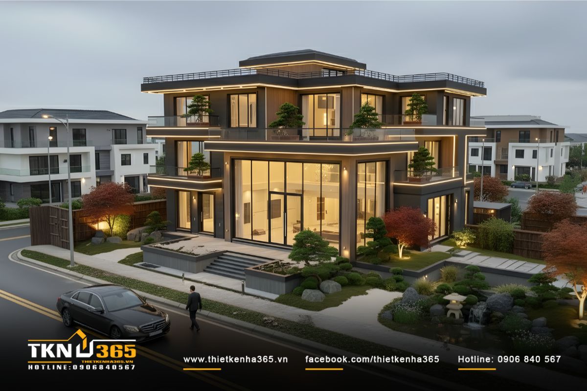 Các tầng nhà được bao quanh bởi hệ lam và ban công trồng nhiều cây xanh