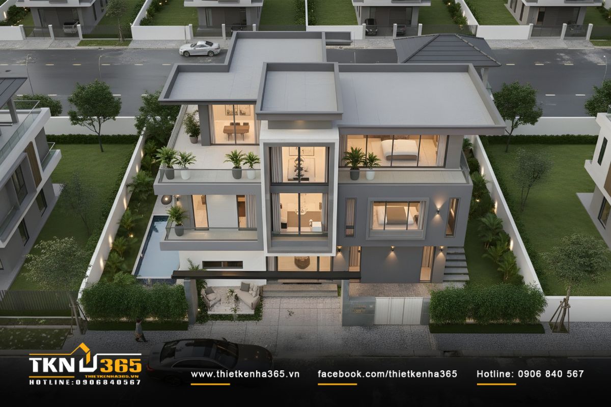 Thiết kế biệt thự 3 tầng nhìn từ trên cao thể hiện bố cục mặt bằng rõ ràng, không gian mở được bao quanh bởi mảng xanh và hồ nước