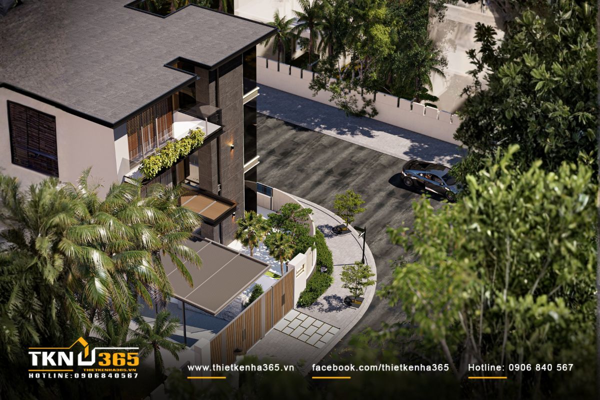 Lối vào chính bố trí vườn nhỏ và hàng cây bản địa, đây là lớp đệm xanh giúp điều hòa vi khí hậu cho khu vực tầng trệt