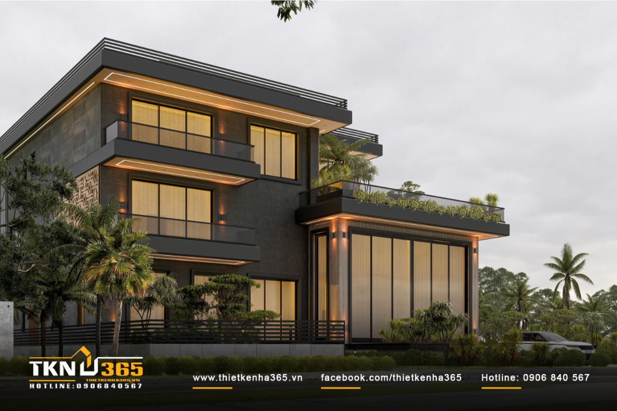 Hướng tây của biệt thự ốp đá tự nhiên để giảm bức xạ nhiệt, đảm bảo không gian mát mẻ quanh năm