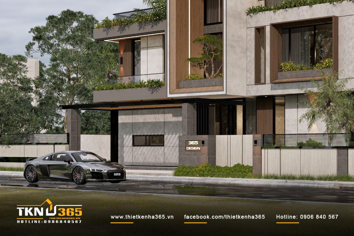 Lối vào biệt thự kết hợp hài hòa giữa bê tông, đá và gỗ, khẳng định ngôn ngữ thiết kế hiện đại và tinh tế