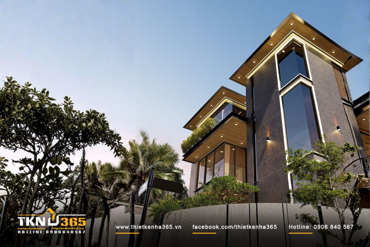 Mái đua rộng, trần ốp gỗ và hệ đèn âm trần mang lại cảm giác ấm áp khi về đêm, đồng thời che nắng mưa hiệu quả