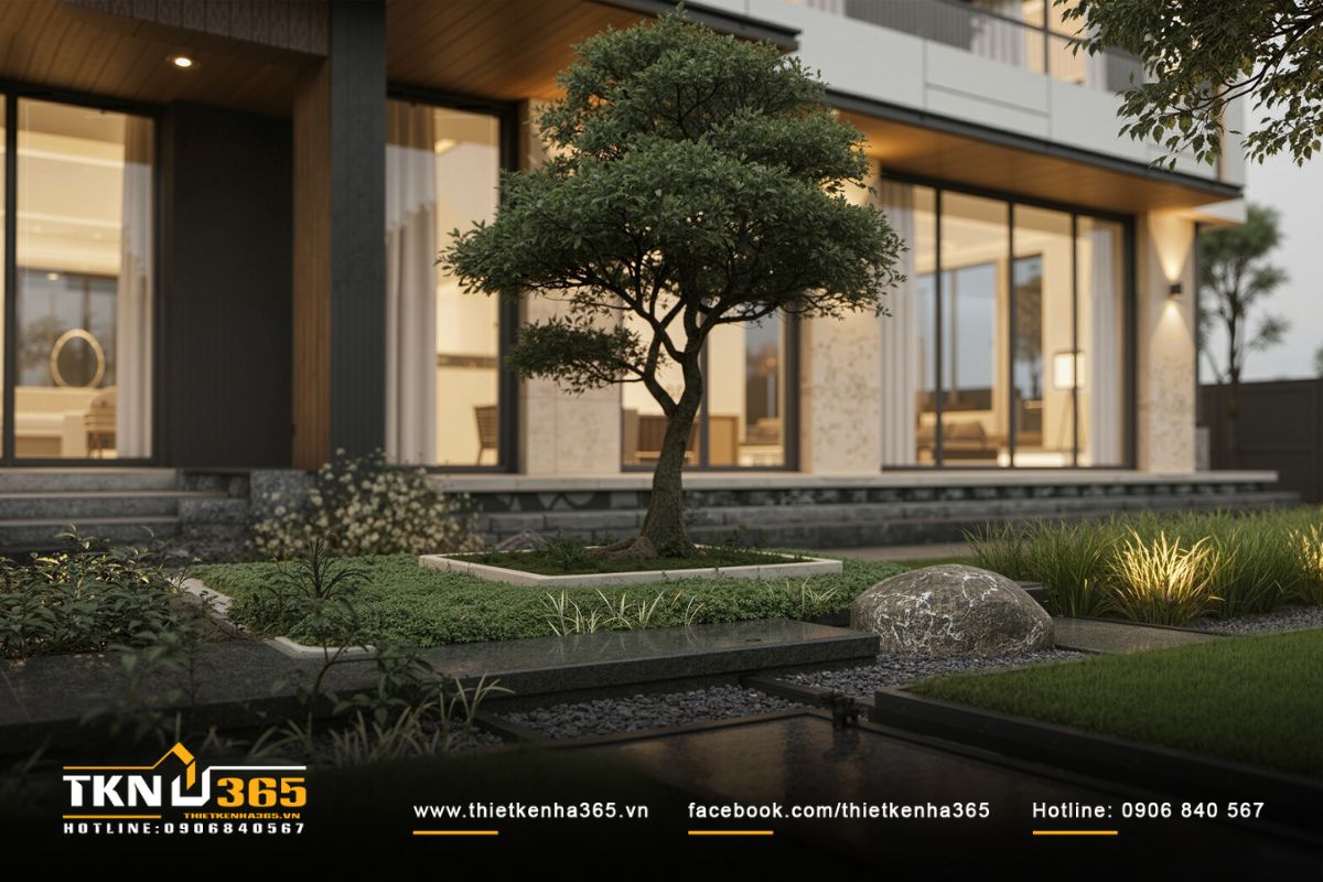 Khu vườn phía trước bố trí cây bonsai và đá tự nhiên