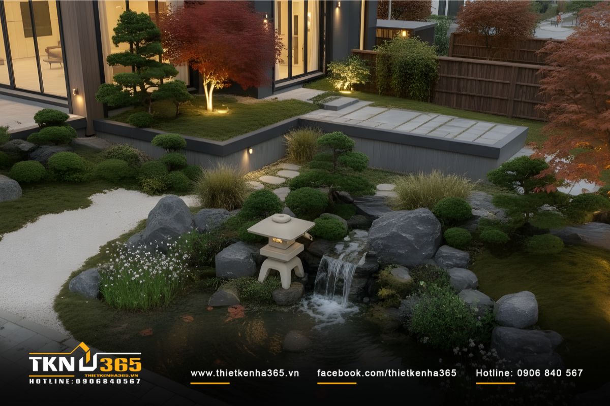 Góc sân vườn thư giãn gồm thác nước nhỏ và đèn đá Nhật, biểu trưng cho sự tĩnh tại và cân bằng trong thiết kế
