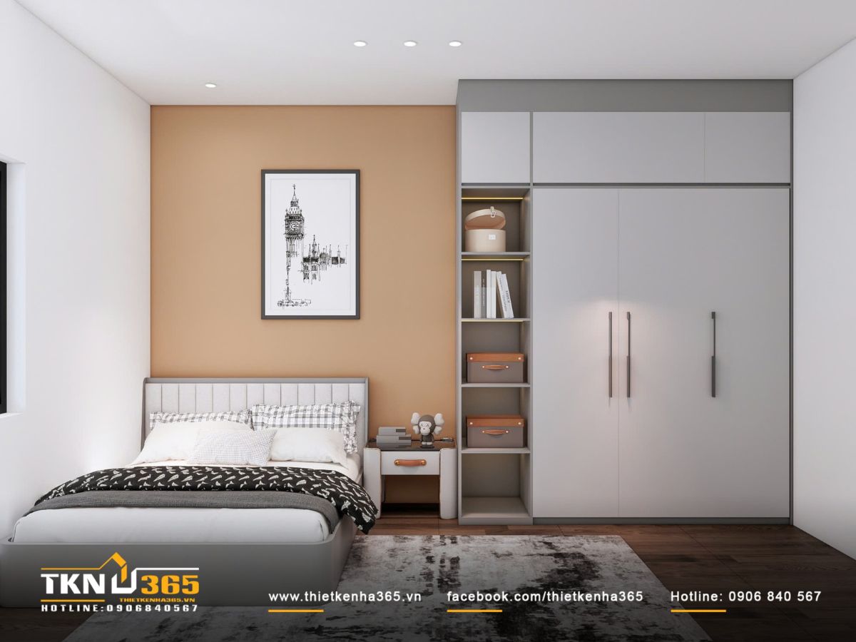 Hệ tủ kệ âm tường tăng không gian lưu trữ, một số ngăn thiết kế mở tạo đường nét thanh thoát