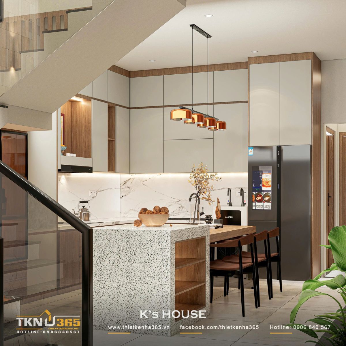 Đảo bếp bằng đá terrazzo liền khối kết nối trực tiếp với khu vực ăn uống