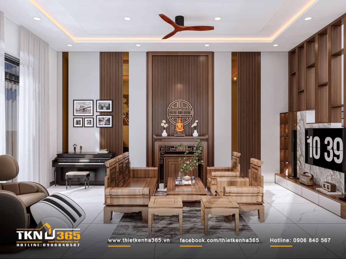 Phòng khách bố trí bộ bàn ghế gỗ truyền thống và lam gỗ tạo chiều sâu, giữ vẻ đẹp ấm cúng và thân thuộc