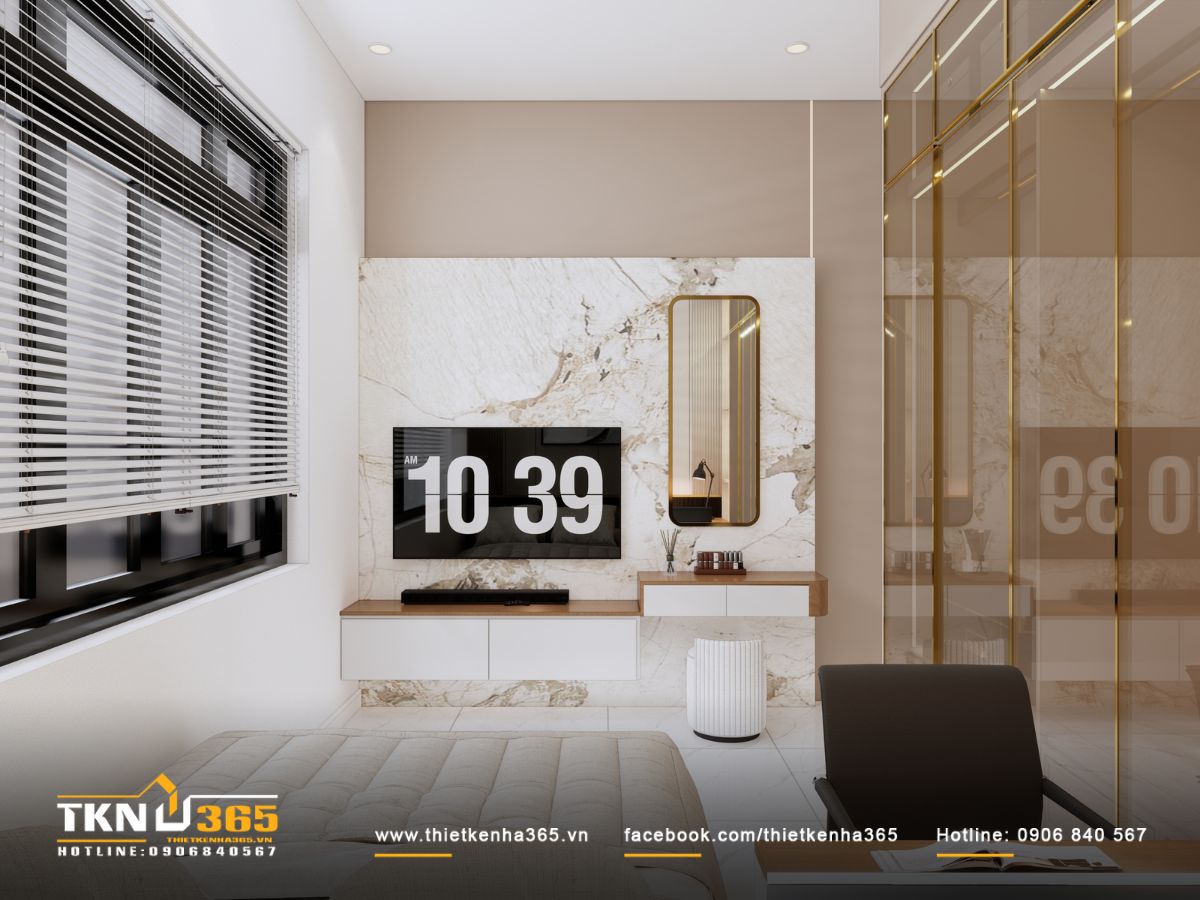 Tường ốp đá vân mây sang trọng kết hợp kệ treo tối giản