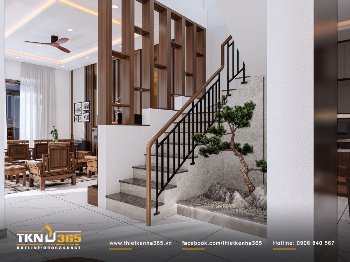 Tiểu cảnh bonsai dưới gầm cầu thang làm mềm mạch giao thông trong biệt thự phố 2 tầng H's House
