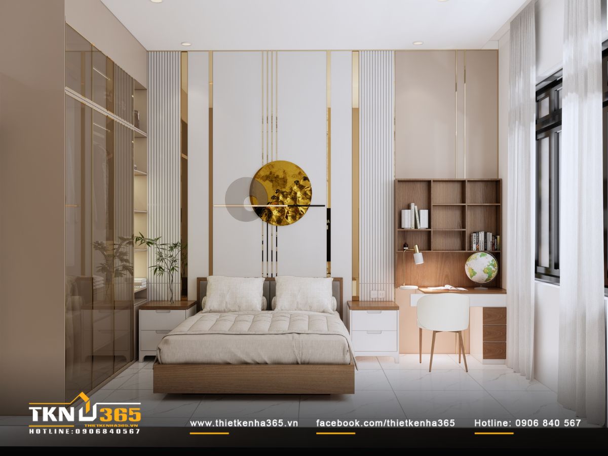 Phòng ngủ master nhẹ nhàng với bảng màu trung tính, vật liệu gỗ - kính - kim loại màu champagne kết hợp hài hòa