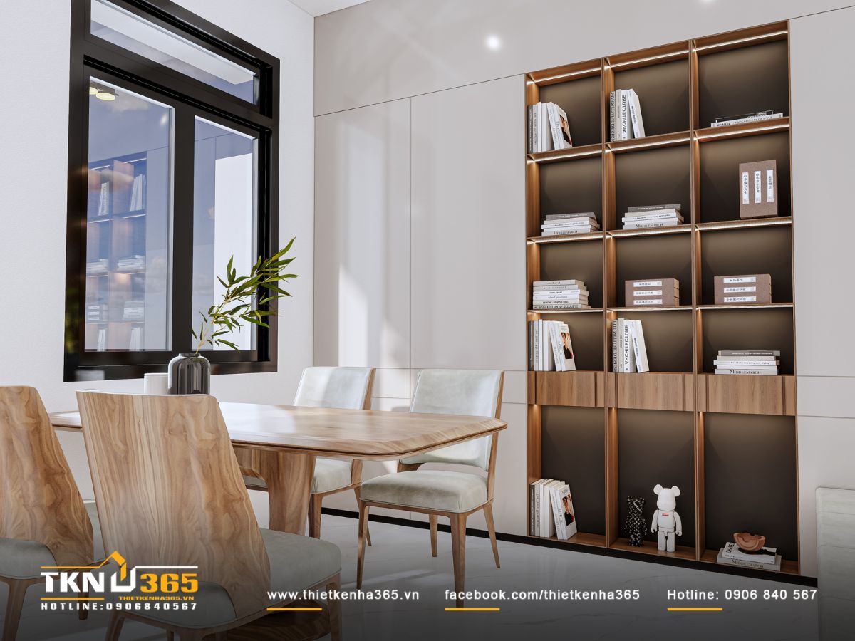 Hệ kệ âm tường chia ô mạch lạc, đảm bảo không gian lưu trữ lớn và gọn gàng