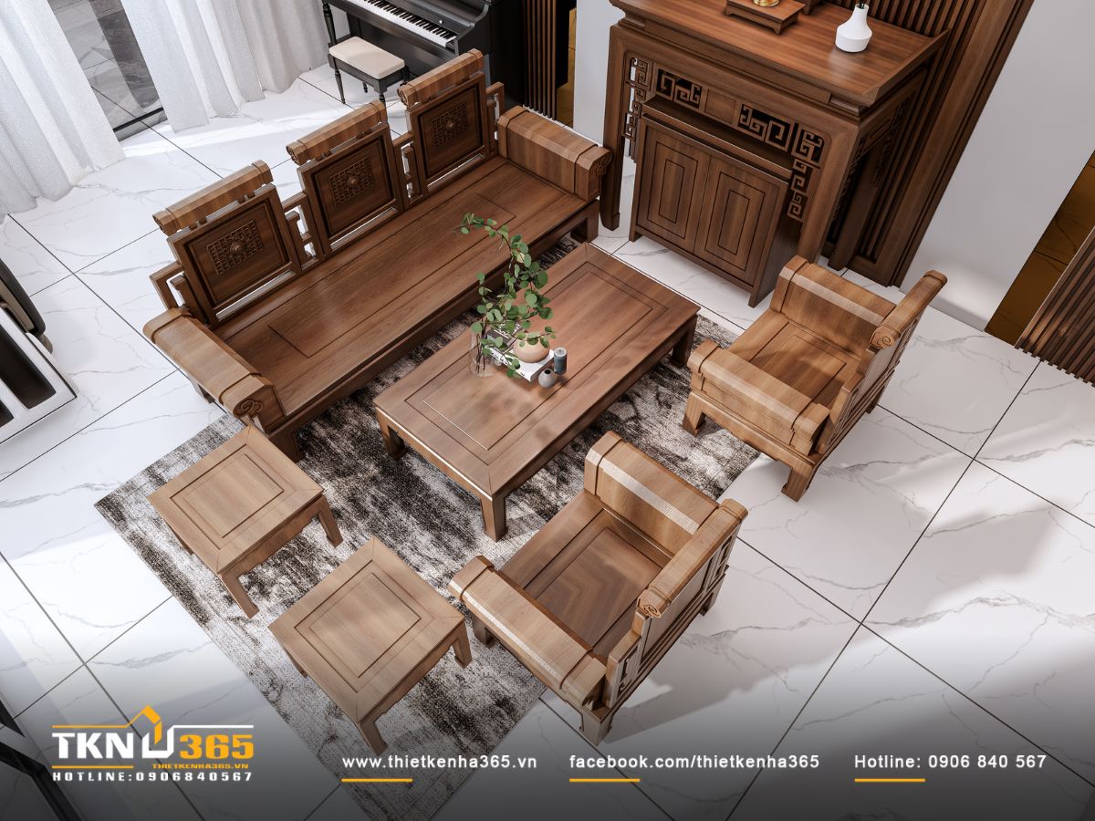 Bố cục phòng khách sắp đặt cân đối, thảm trung tính và ánh sáng tự nhiên giúp không gian hài hòa, thoáng sáng