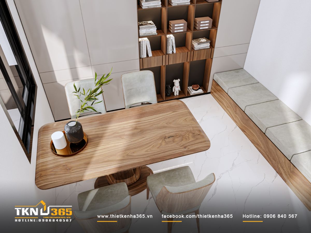 Bàn học và băng ghế dài bố trí đẹp mắt, trở thành không gian thư giãn nhẹ nhàng cho từng thành viên