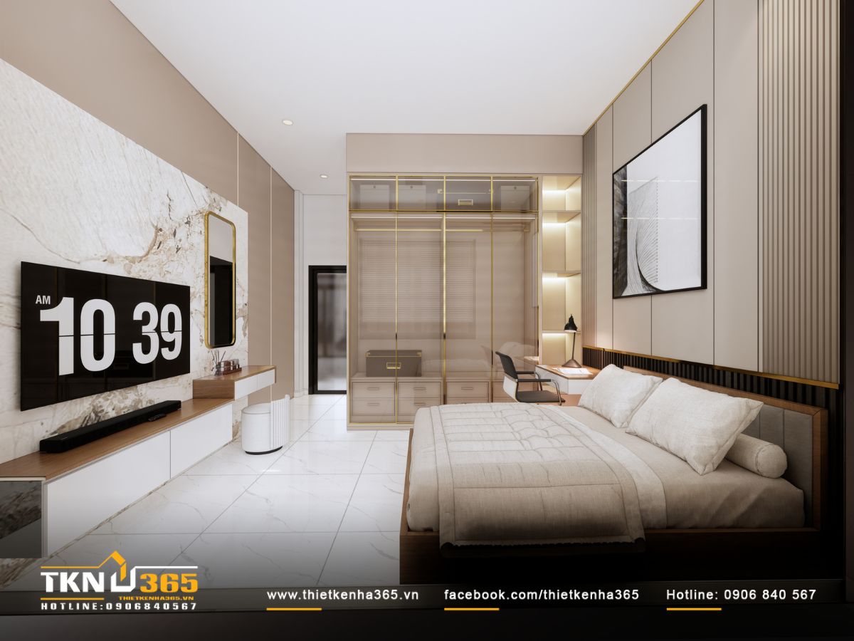 Bố cục phòng ngủ mạch lạc với tủ kính, bàn trang điểm và kệ tivi ốp đá marble sáng màu