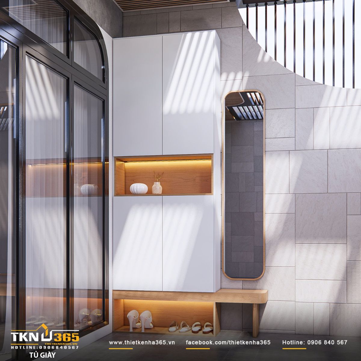 Tủ giày thiết kế liền bệ ngồi và gương đứng, gọn gàng mà tiện dụng ngay lối vào