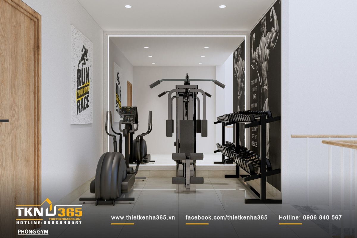 Phòng gym riêng biệt đầy đủ máy móc, sàn gạch xám bóng giữ không gian luôn sạch sẽ, năng động
