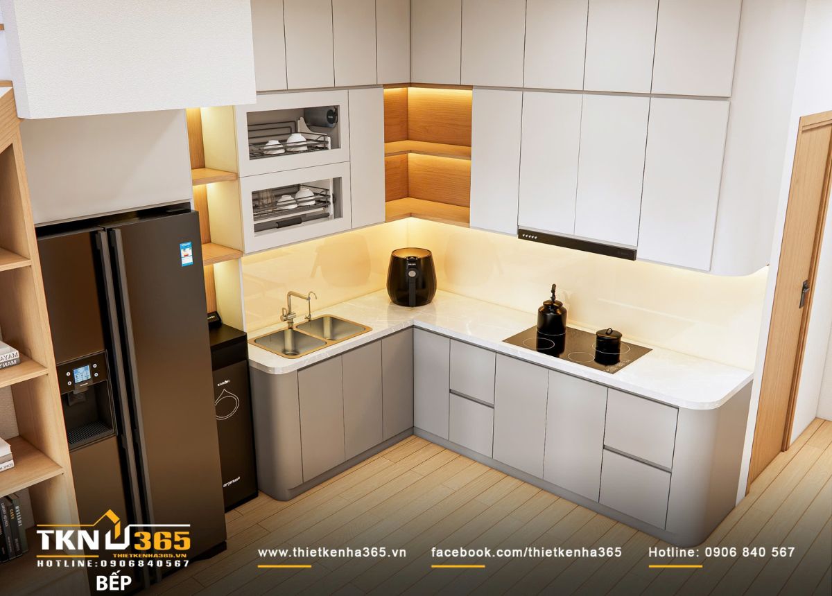 Mặt bàn bếp bo tròn mềm mại, đảm bảo an toàn khi di chuyển trong không gian nhỏ