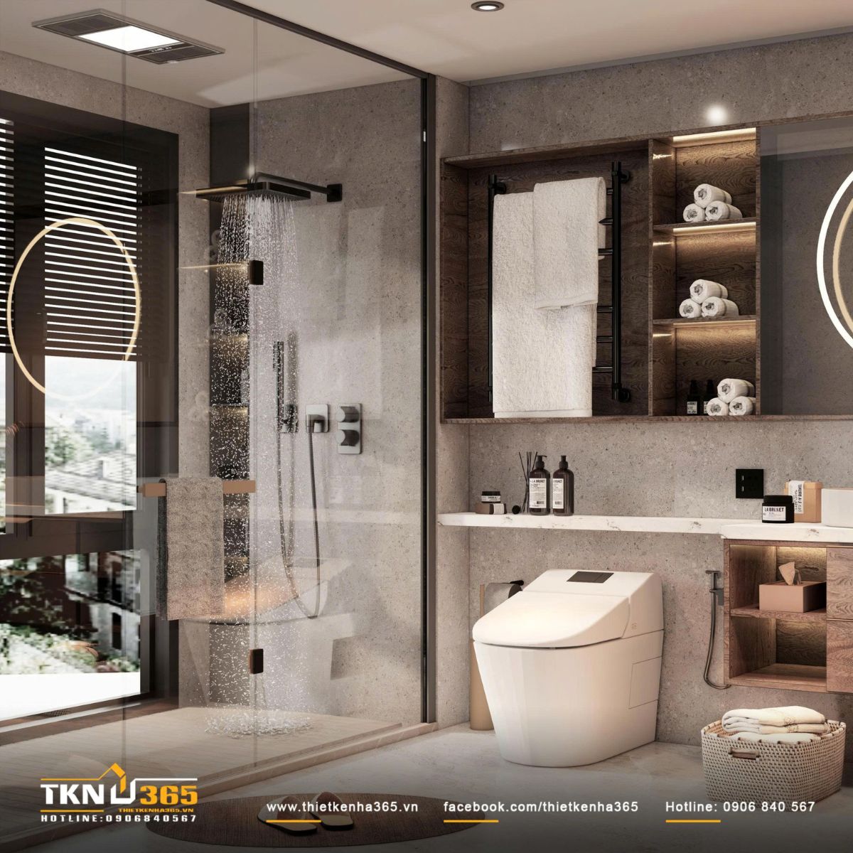 Khu tắm đứng ngăn kính cao kịch trần, hốc âm tường giúp tối ưu lưu trữ và giữ không gian gọn gàng