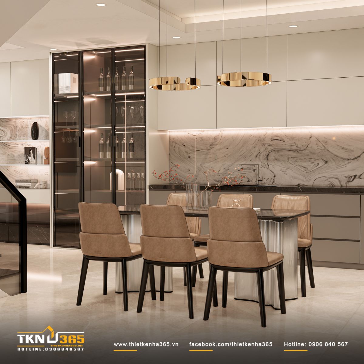 Tủ kính trưng bày ly, rượu trở thành điểm nhấn trang trí của không gian chung