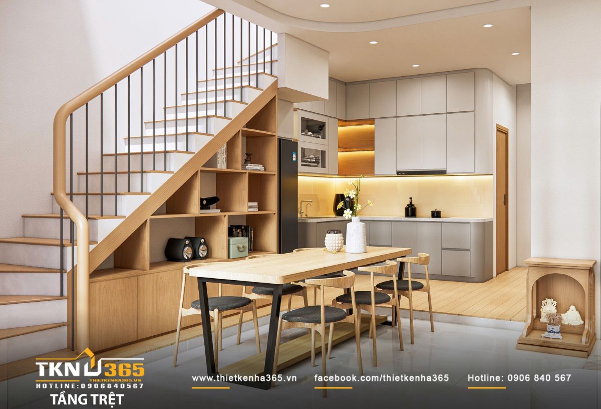 Kệ gỗ dưới cầu thang tận dụng tối đa diện tích, vừa lưu trữ vừa trang trí