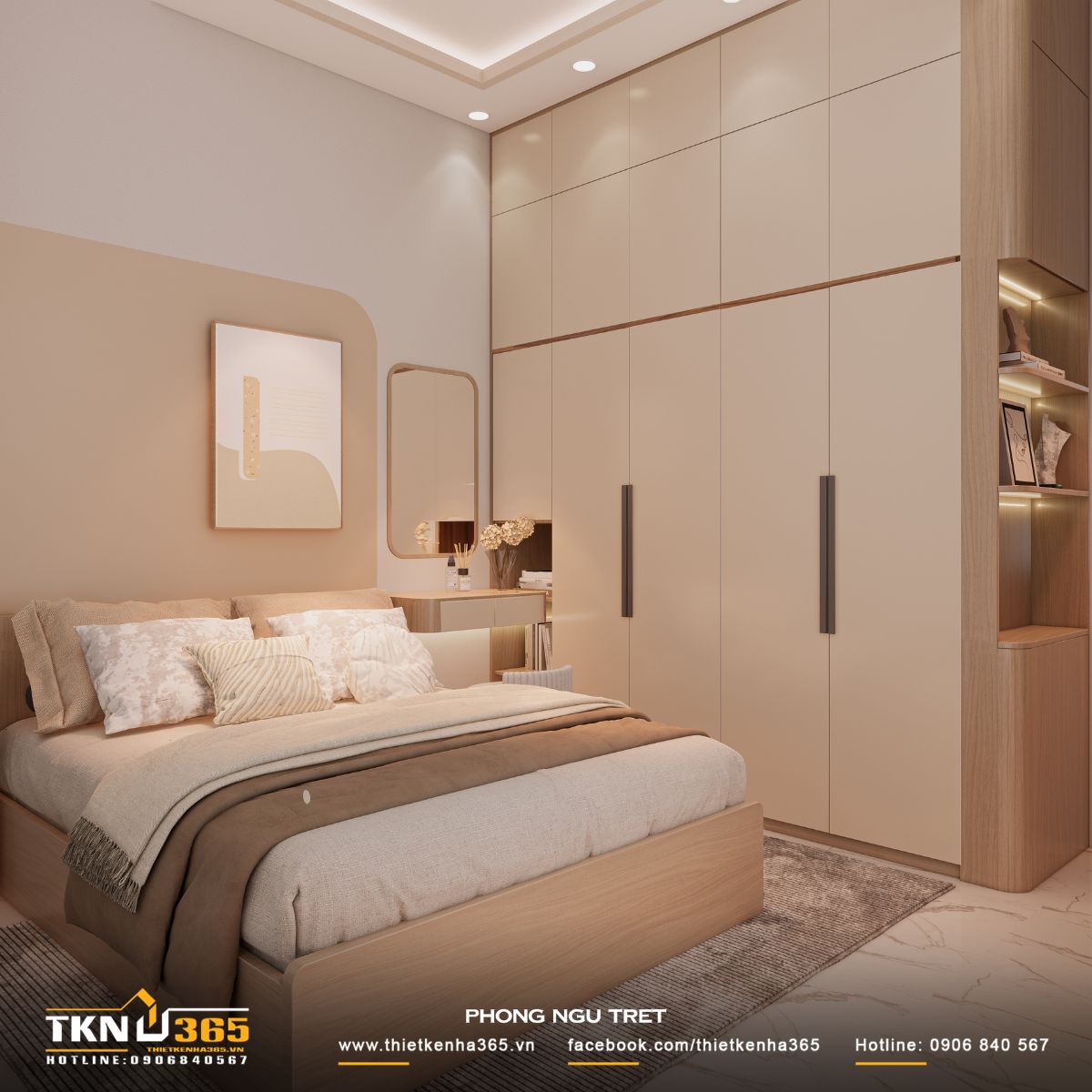 Hệ tủ cao kịch trần kết hợp kệ mở bằng gỗ sáng màu giúp tăng không gian lưu trữ