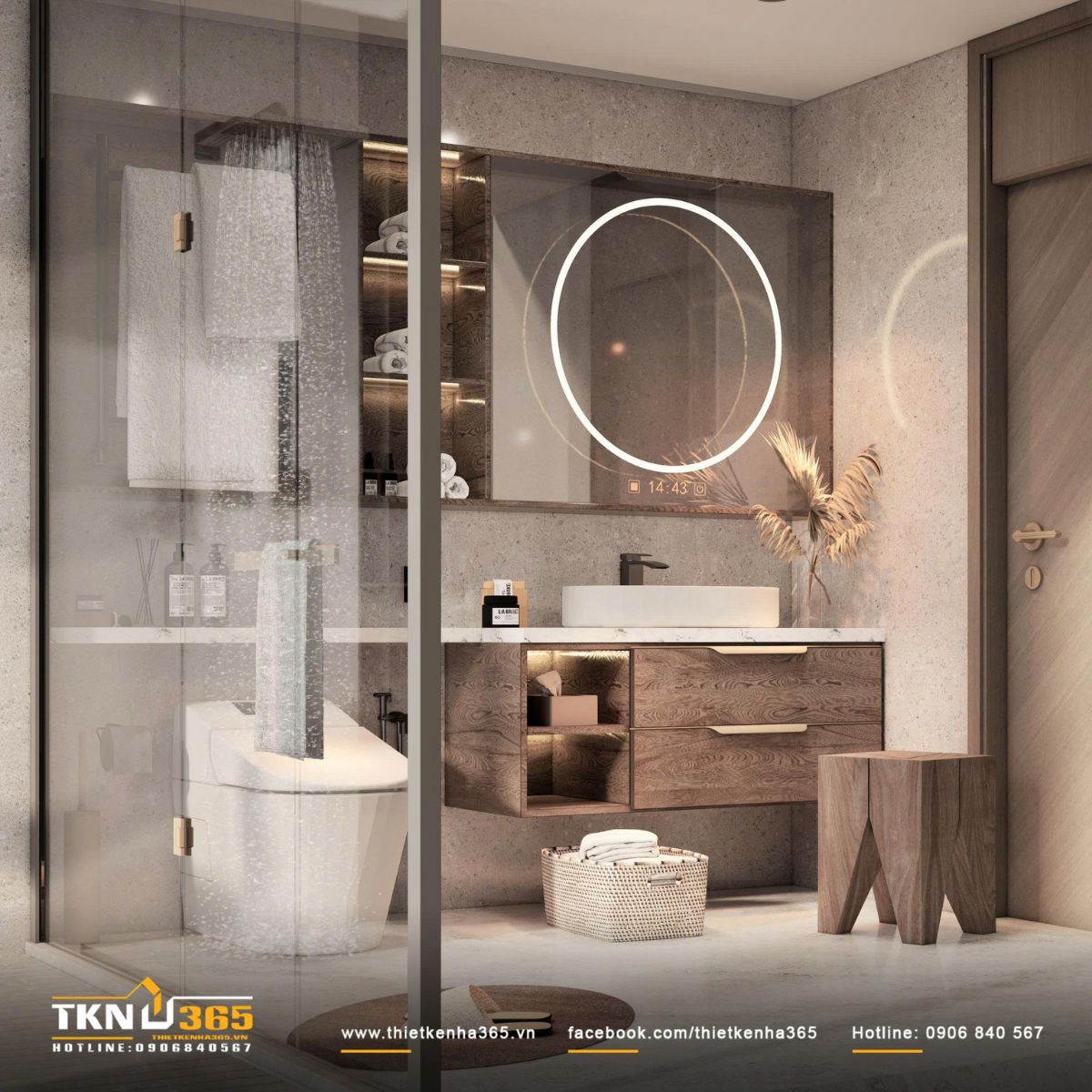 Gương tròn tích hợp đèn LED và tủ lavabo treo tường mang lại điểm nhấn hiện đại, đồng thời giúp phòng tắm thông thoáng hơn