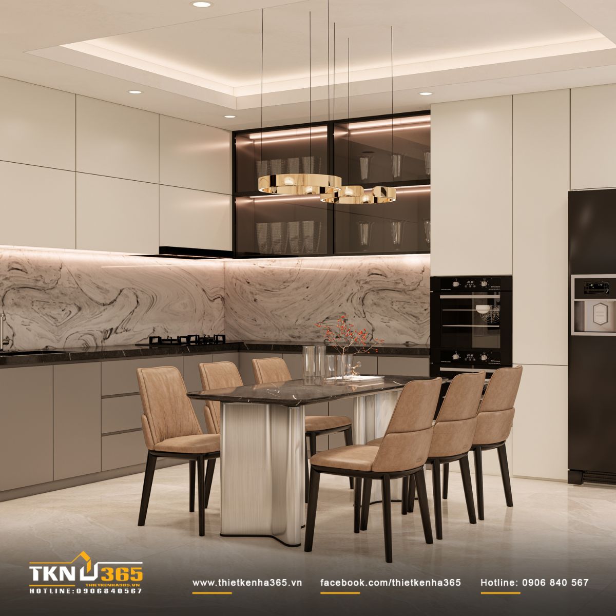 Khối tủ bếp chữ L với hệ tủ phẳng màu be - xám và mặt đá đen, đảm bảo công năng đồng thời giữ thẩm mỹ tối giản