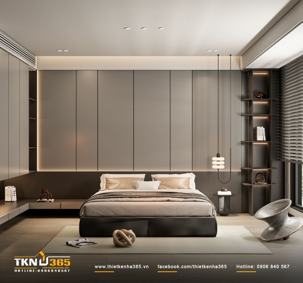 Bức tường đầu giường gồm các tấm ốp phẳng xen lam dọc, kết hợp đèn LED âm chạy ngang tinh tế