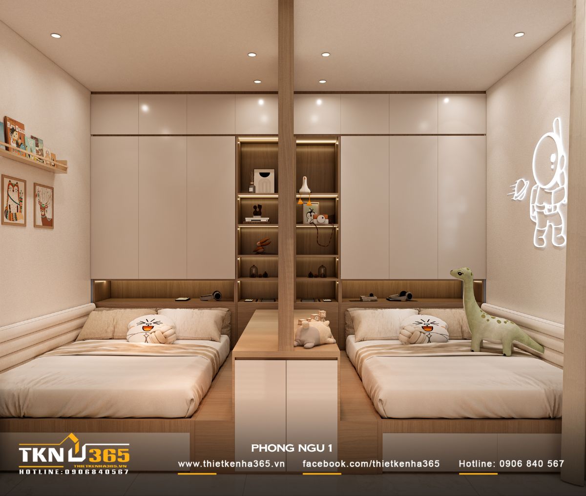 Phòng ngủ đôi chia tách bằng kệ trung tâm, đảm bảo không gian lưu trữ và giữ cảm giác kết nối giữa hai bé