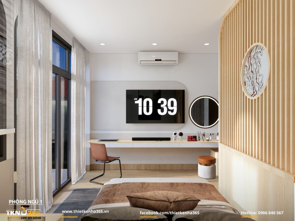 Bàn làm việc - kệ tivi - bàn trang điểm nối liền thành một khối treo tường, giữ mặt sàn thoáng rộng