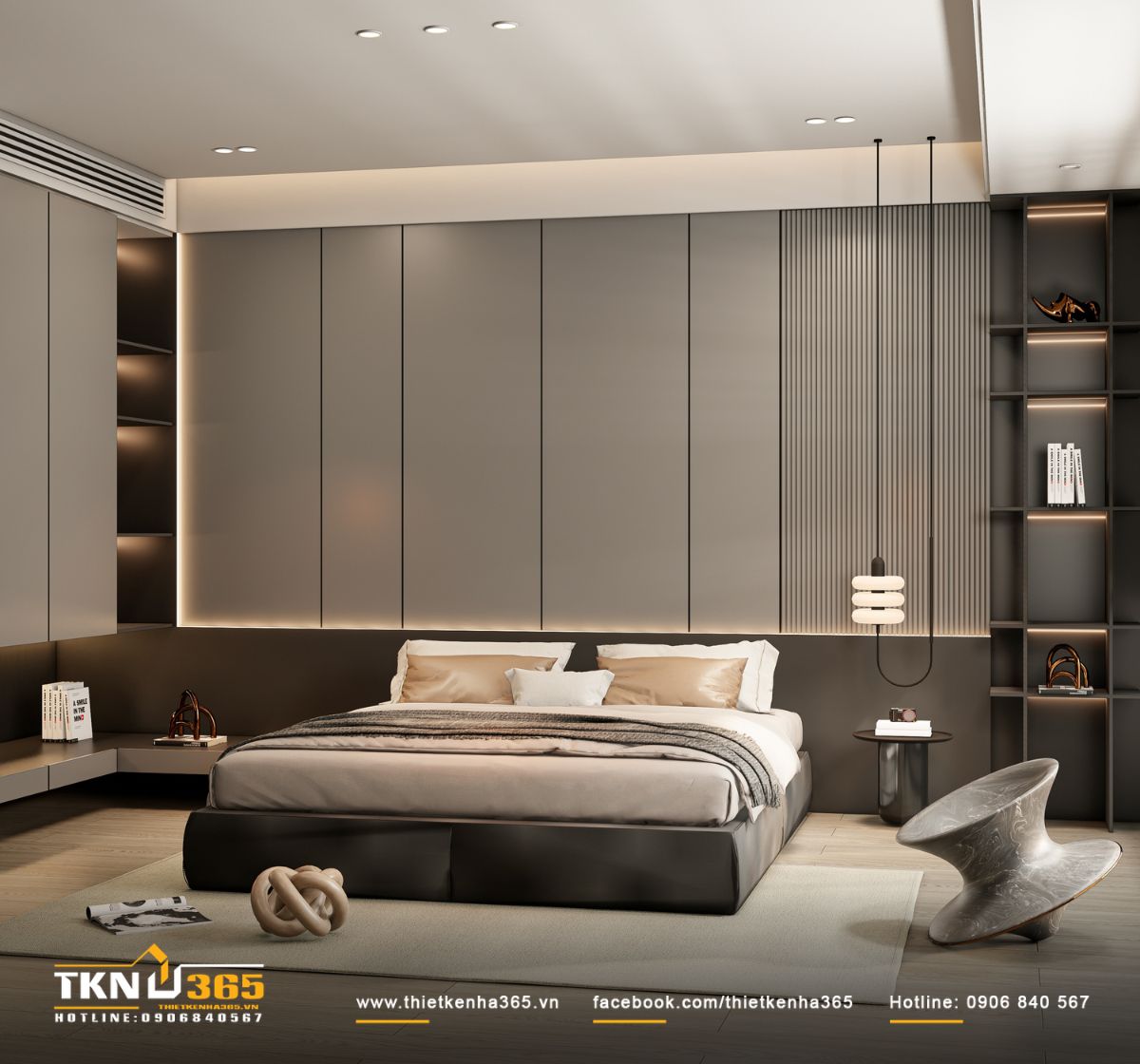 Giường thấp bọc da sẫm màu đặt trên thảm sáng, mang lại cảm giác vững chãi và tỉ lệ hài hòa trong phòng ngủ