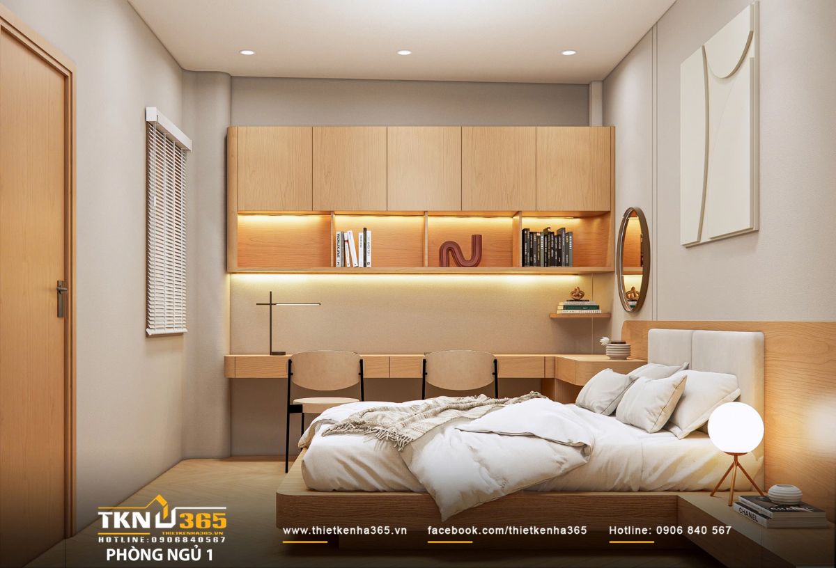 Bàn làm việc đôi kết hợp kệ treo có đèn hắt nhẹ, tiện cho đọc sách và làm việc