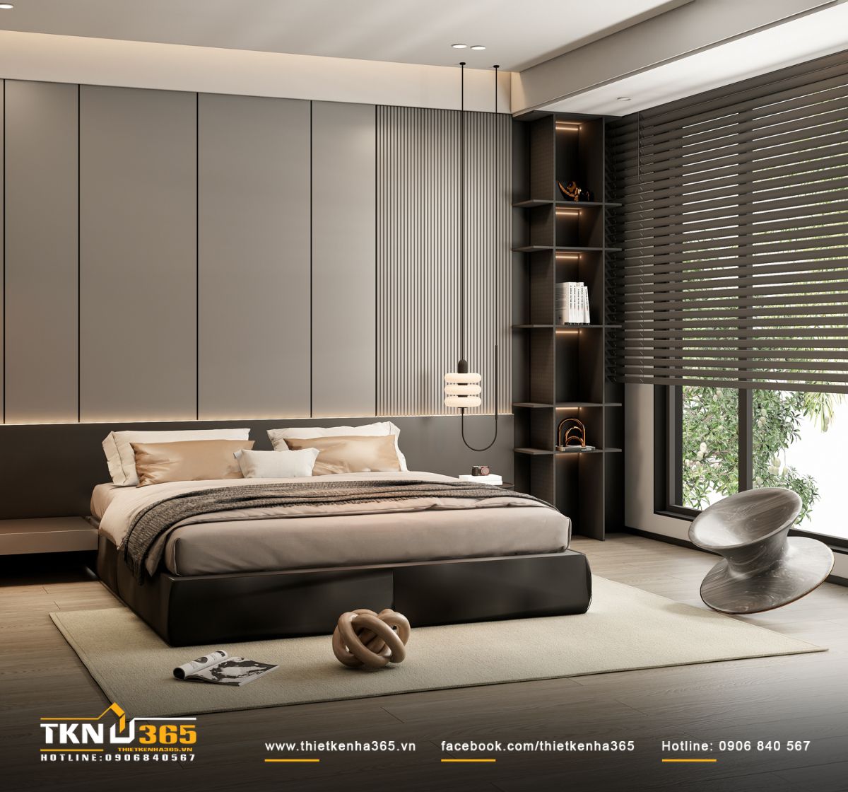 Hệ kệ mở cao kịch trần có đèn hắt nhẹ nhàng, vừa trưng bày phụ kiện vừa tăng chiều sâu thị giác cho góc phòng