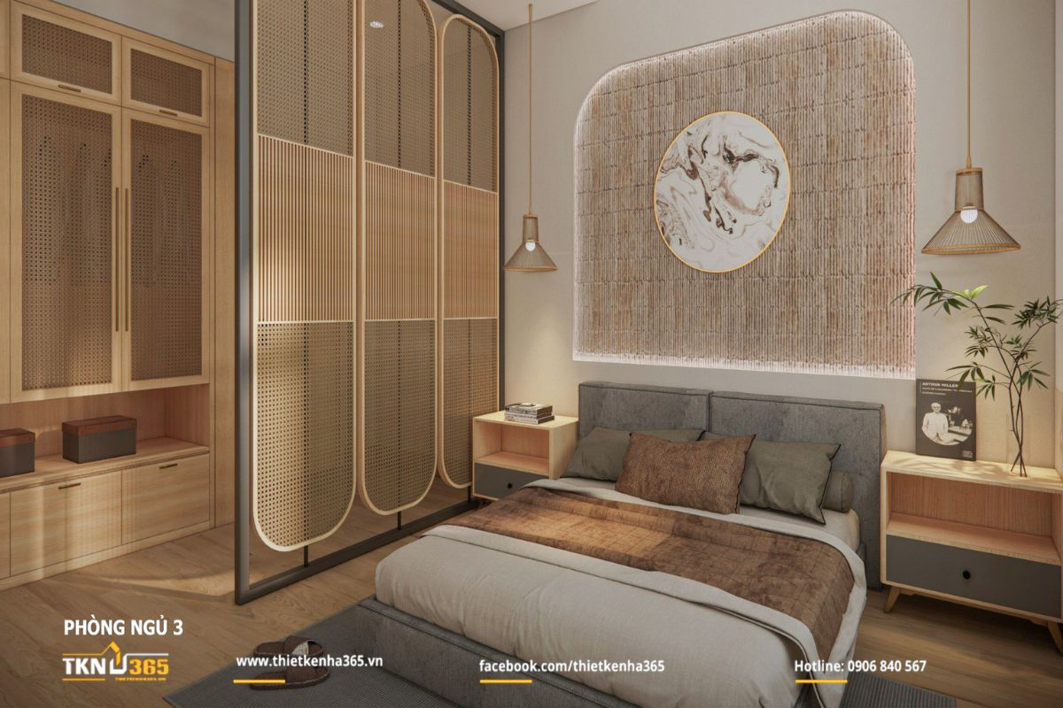 Hệ tủ quần áo mây đan uốn cong mang tinh thần Japandi, giữ cảm giác nhẹ nhàng và thông thoáng