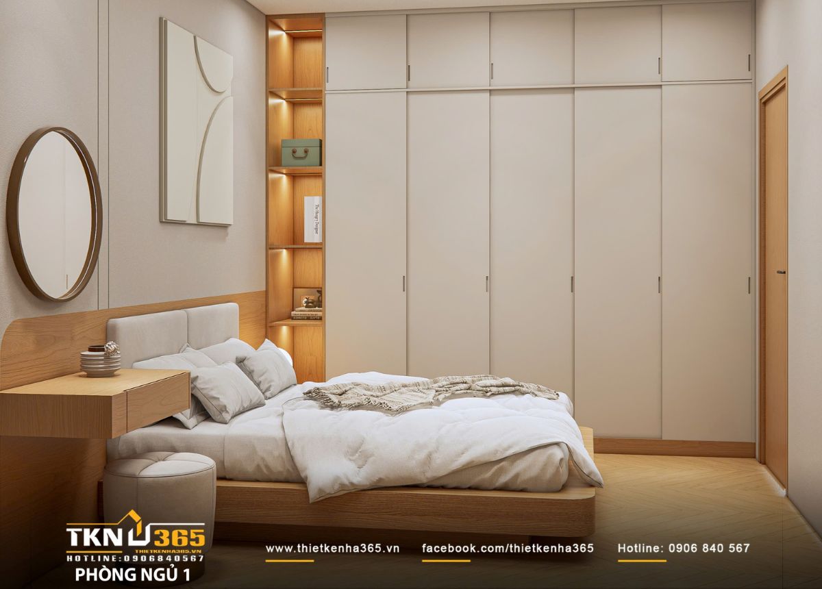 Hệ tủ quần áo cao kịch trần và kệ góc mở tối ưu lưu trữ, giữ không gian gọn gàng