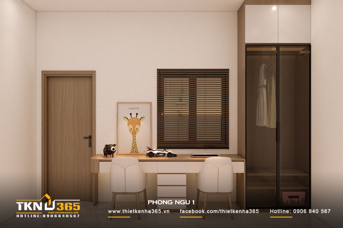 Bàn học đôi hướng ra cửa sổ đón sáng tự nhiên, tạo môi trường học tập thoải mái cho các bé